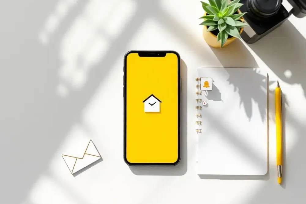 last-minute-accommodatie-boeken-smartphone-desk.jpg Smartphone met klok- en huisicoon voor last-minute accommodatieboekingen op wit bureau met notitieblok en plantje