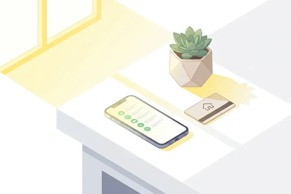 Smartphone met groene beschikbaarheidsstatus op wit bureau naast vetplant en hotelkeycard, gele raamverlichting