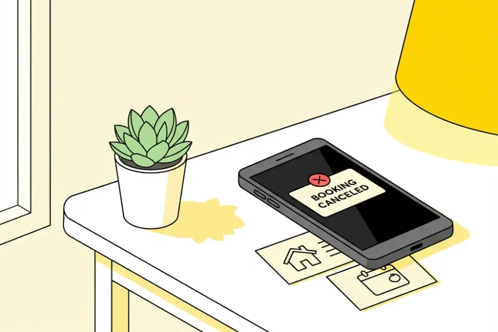 Smartphone met boekingsannulering op wit bureau naast succulent, met huis- en kalendericonen in geel licht