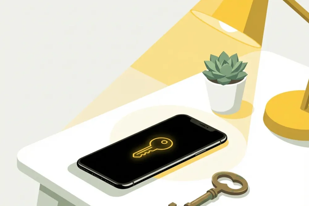 Moderne smartphone met digitale sleutel-icoon op wit bureau naast vetplant en traditionele messing sleutel