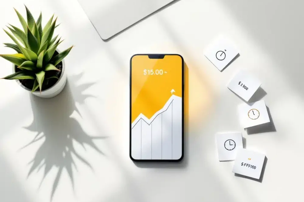 hotel-prijzen-smartphone-last-minute-boekingen.jpg Smartphone toont stijgende prijzen voor hotelboekingen op wit bureau met plant en tijdssymbolen, gele accenten
