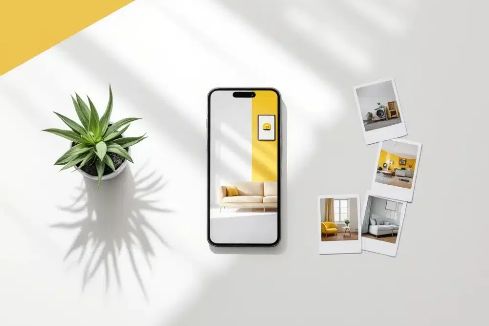 smartphone-interieur-fotografie-minimalistische-illustratie.jpg Smartphone toont helder interieur op wit bureau naast vetplant en polaroidfoto's met gele accentverlichting