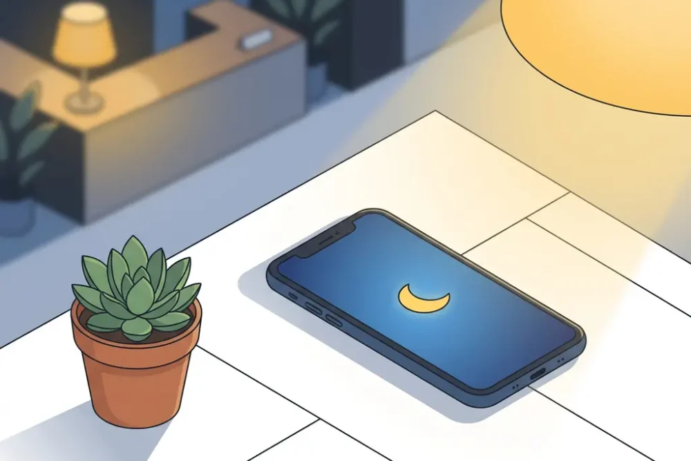 Smartphone met halvemaanpictogram op wit bureau naast vetplant, zachte gele bureaulamp verlichting