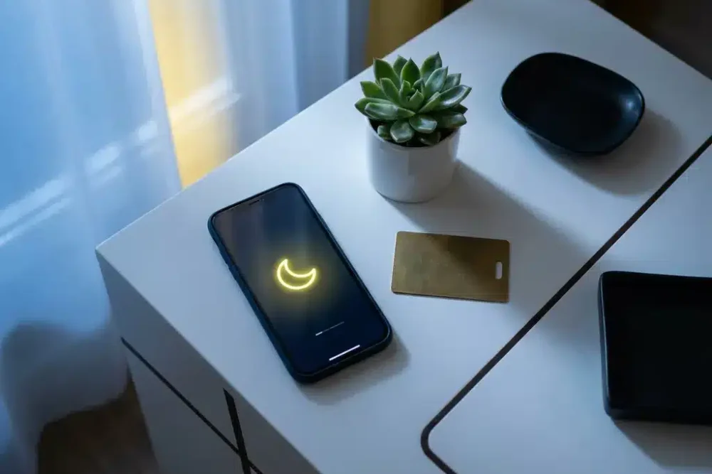 Smartphone met gloeiend maanpictogram op witte hotelreceptiebalie naast vetplant en messing sleutelkaart