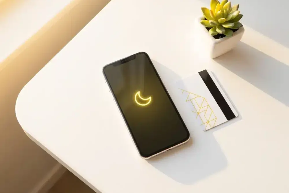 Smartphone met maanpictogram naast hotelkeycard op wit bureau met vetplantje, gouden licht en minimalistische werkruimte