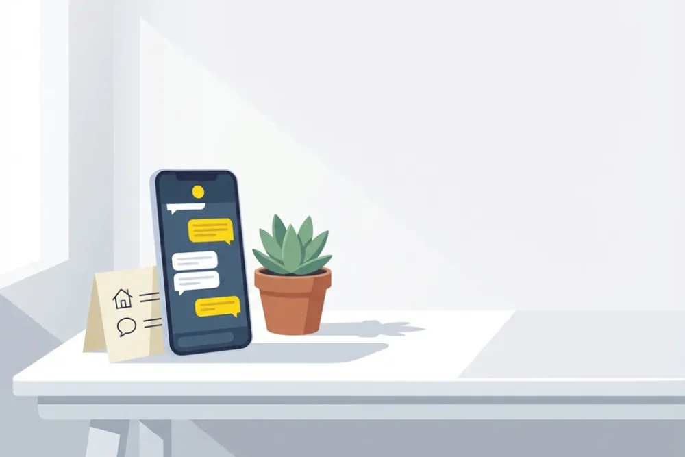 Smartphone met gele berichtenscherm op moderne werkplek met vetplant en papieren kaart met huisiconen
