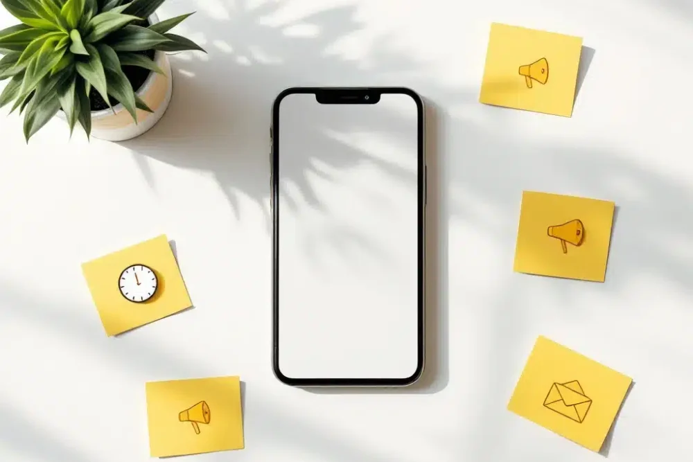 digitale-marketing-smartphone-notificaties-promoties.jpg Smartphone met meldingspictogrammen op wit bureau naast plantje en kaartjes met klok-, megafoon- en envelopiconen