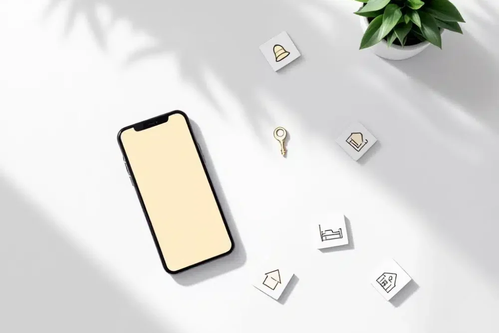 social-media-booking-smartphone-notificaties-illustratie.jpg Smartphone met sociale media notificaties en accommodatie symbolen op wit bureau met plantje voor last-minute boekingen