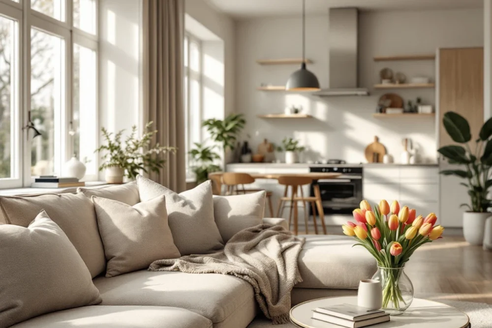 Een stijlvolle Nederlandse Airbnb met een modern interieur, veel licht, Scandinavische meubels, een gezellige bank en tulpen op de tafel. Stijlvol Nederlands Airbnb-interieur: modern woonkamer, Scandinavisch meubilair, zachte sofa, tulpen op tafel, minimalistische keuken.