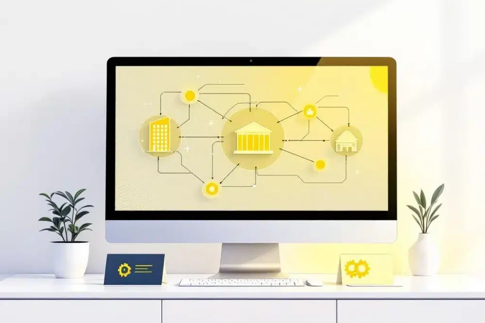 Computermonitor toont systeemintegratie diagrammen met gele verbindingslijnen, hotel- en tandwiel-iconen op bureau