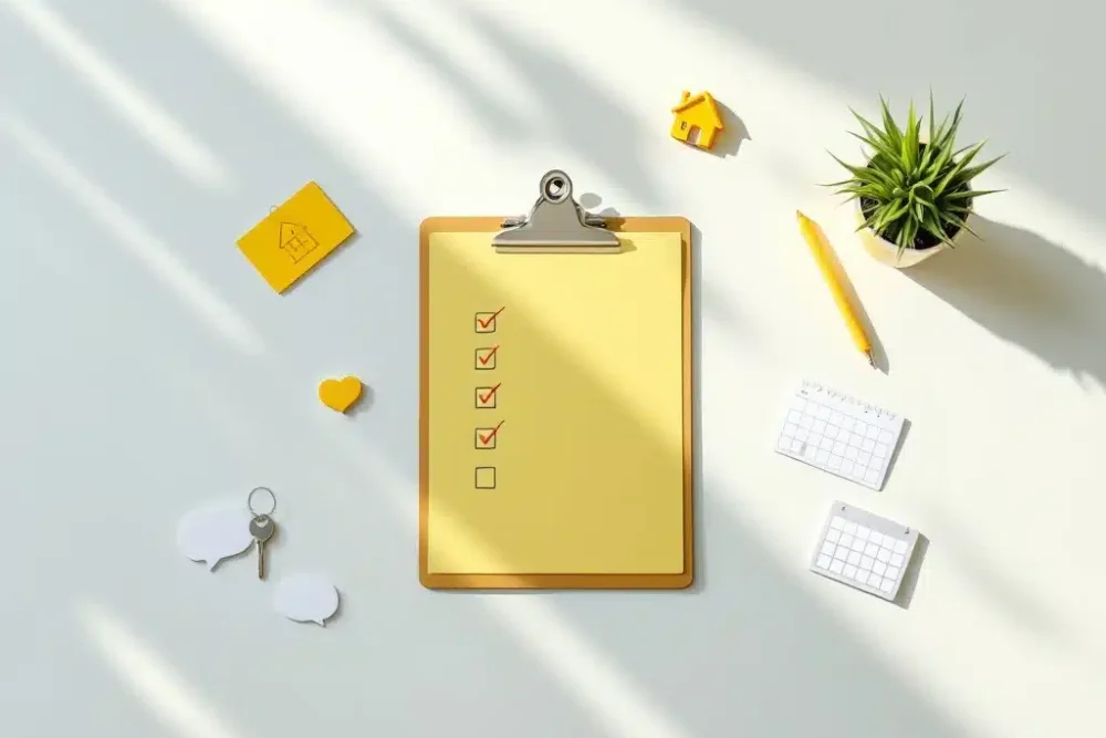 Minimalistische bureauopstelling met klembord, checklist en eigendomsbeheer iconen in geel kleurenschema