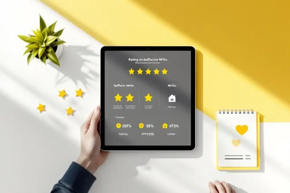 customer-satisfaction-metrics-tablet-rating-dashboard.jpg Tablet toont sterrenbeoordelingen en tevredenheidsmetrieken op wit bureau met plant en notitieblok met huissymbolen