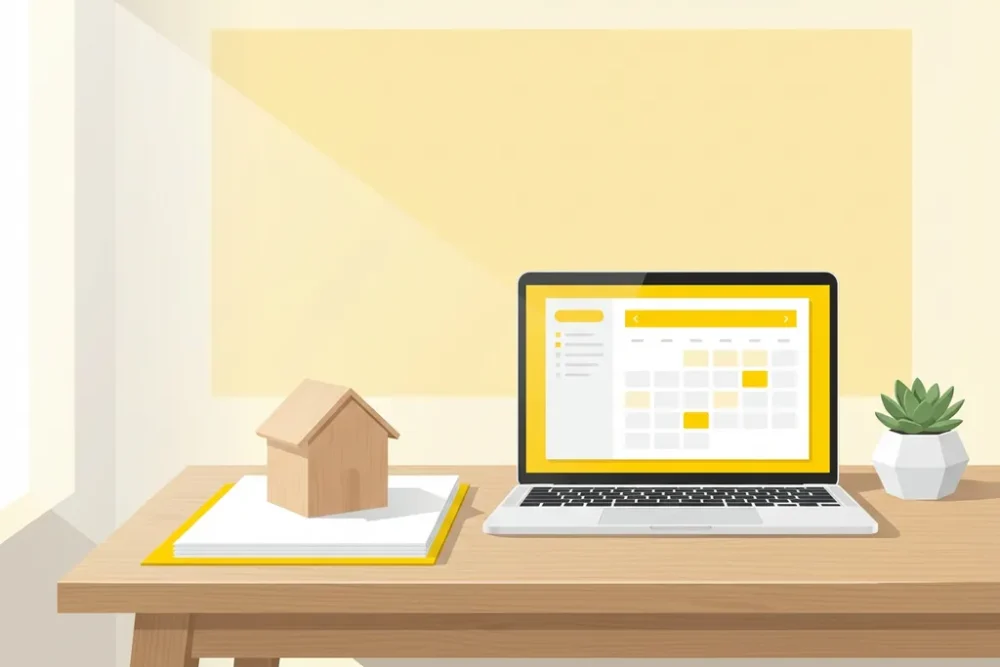 Minimalistisch bureau met houten huismodel naast laptop met kalender, vetplant en gele accenten in professionele werkruimte