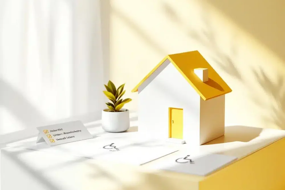 toegankelijke-accommodatie-beheer-illustratie.jpg Modern huispictogram met toegankelijkheidssymbolen, rolstoel-iconen en checklist op wit bureau met gele accenten