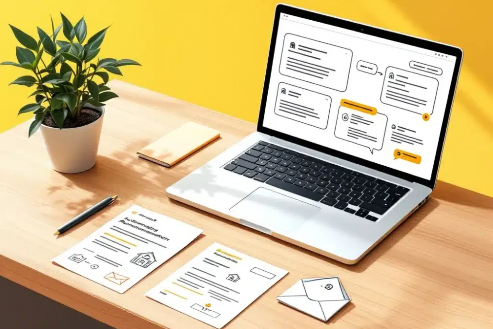 Laptop met chatberichten en automatiseringsstromen op bureau naast gastcommunicatie documenten en plantje