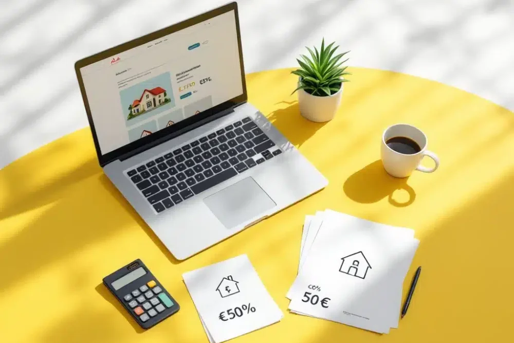 airbnb-kosten-beheer-verhuur-bureau.jpg Laptop met Airbnb-interface op bureau met documenten over huurkosten, calculator en plant op gele achtergrond