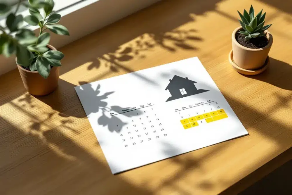 Vakantiehuis silhouet op wit papier naast kalender met gele bezettingsdata op houten bureau met plantje