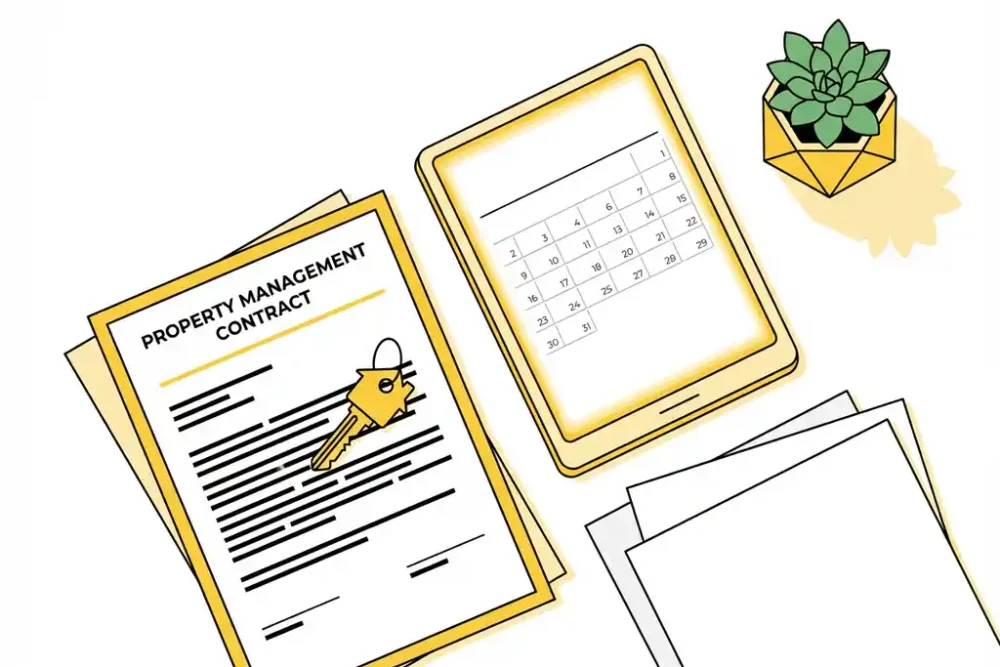 Huissleutel op open vastgoedbeheercontract naast tablet met kalender en documenten op wit bureau, bovenaanzicht