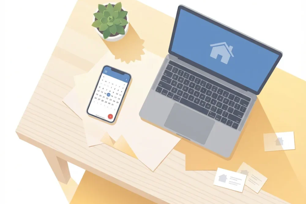 Laptop met huisicoon en smartphone met boekingskalender op witte bureau met plant en visitekaartjes, bovenaanzicht