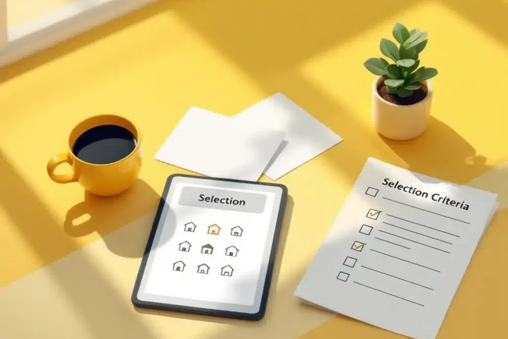 Bureau met tablet met huisiconen, vastgoeddocumenten, checklist en koffiemok voor accommodatiekeuze en vastgoedbeheer