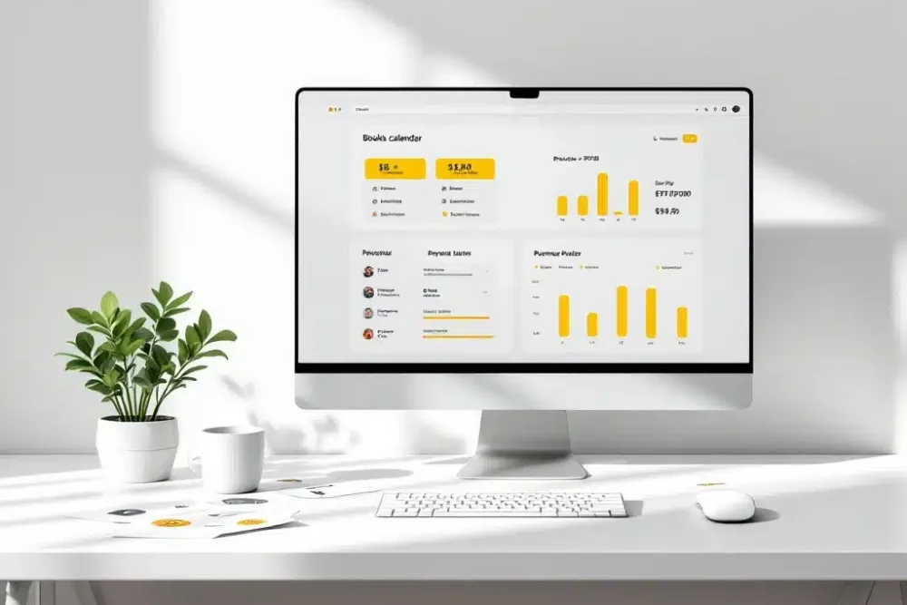 Computermonitor met property management dashboard, boekingskalenders en omzetgrafieken op wit bureau met plant en documenten