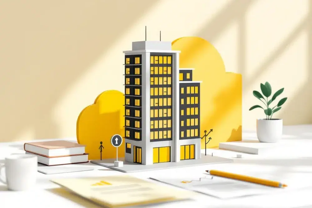 Modern gebouw icoon op wit bureau met documenten, plantje en gele accenten, toont vastgoedbeheer expertise