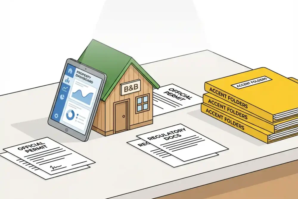 Houten B&B-huismodel op bureau met vergunningsdocumenten, tablet met property management interface en gele mappen