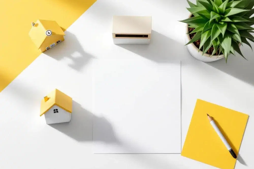 Minimalistische bureauopstelling met huismodel en checklist voor verhuurregels, gele accenten op lichte achtergrond