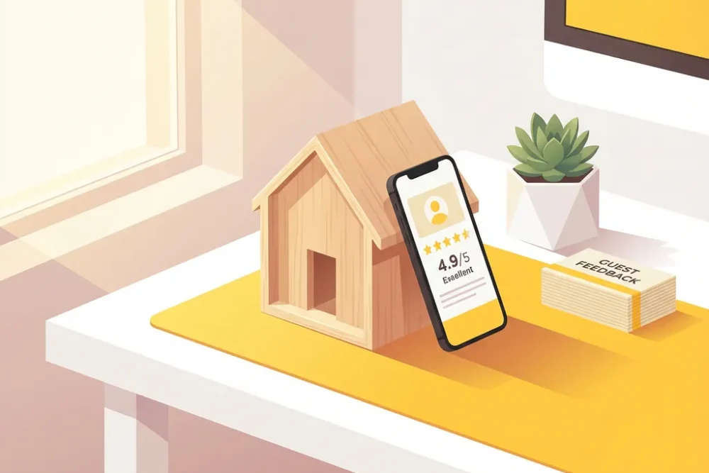 Houten huismodel op wit bureau naast smartphone met vijf-ster beoordeling, succulent en gele accenten in moderne werkruimte