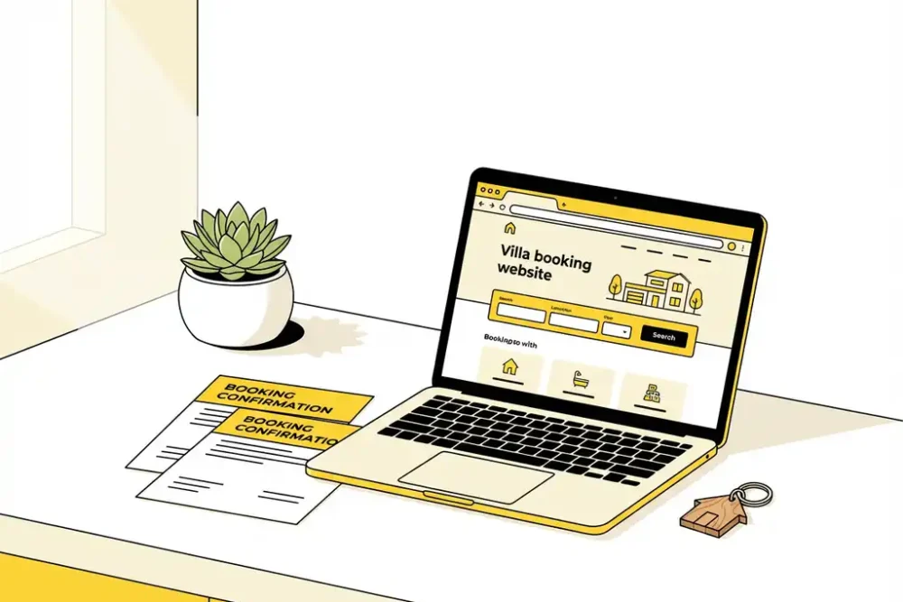 Laptop toont villa boekingswebsite op wit bureau met bevestigingspapieren, plantje en houten huissleutelhanger