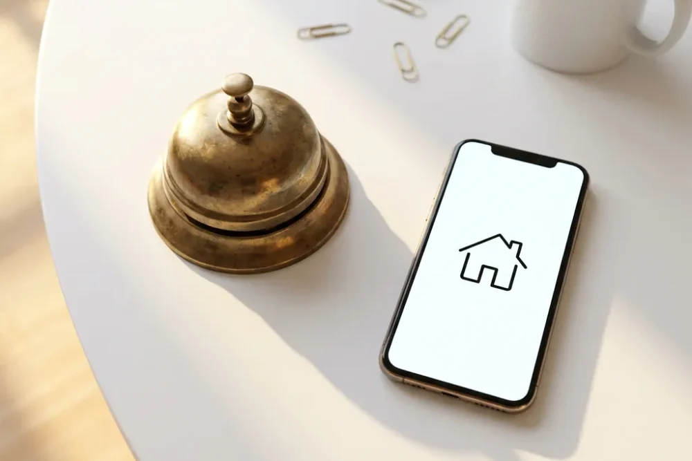 Vintage messing bureaubel naast moderne smartphone met huisicoon op witte ondergrond, warme gouden verlichting