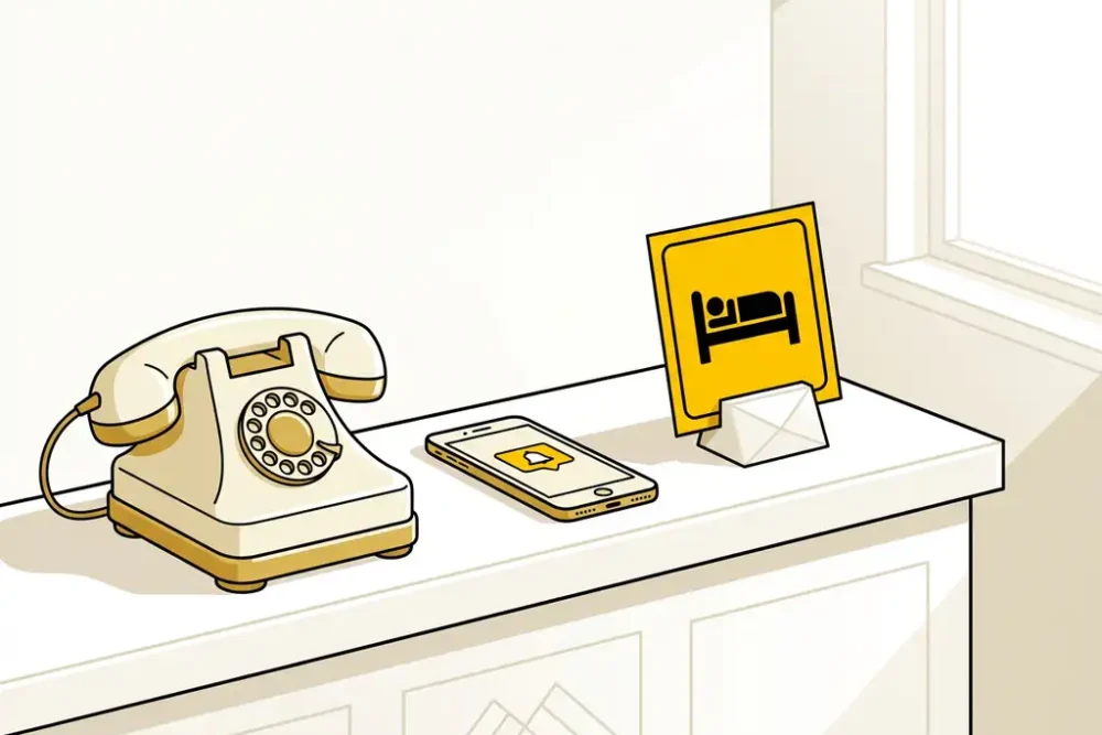 Vintage draaitelefoon en moderne smartphone op witte hotelreceptiebalie met gele kaart met bedpictogram