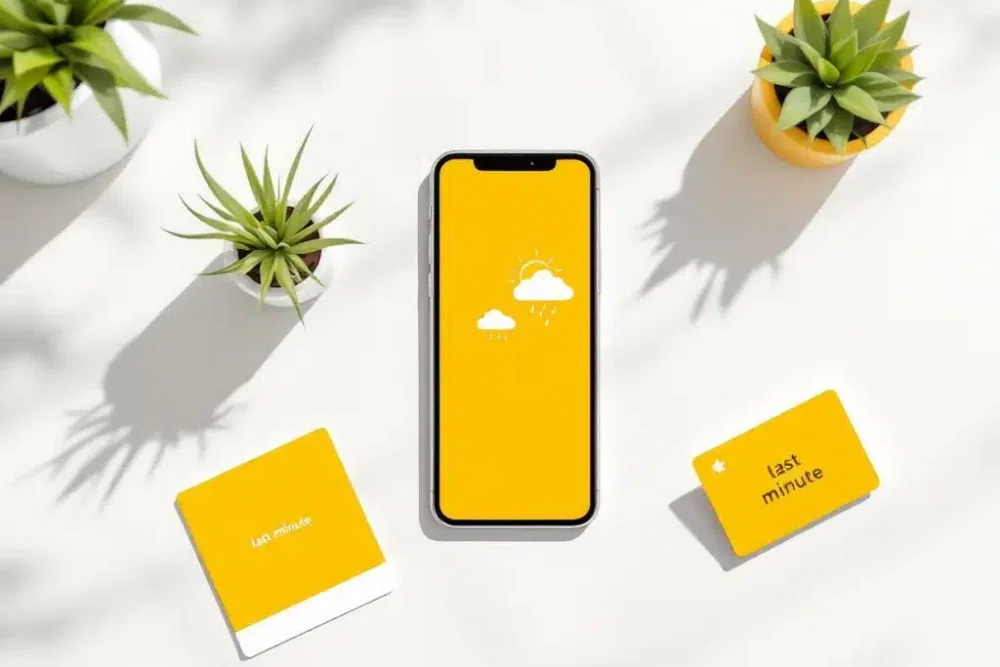 weer-apps-last-minute-hotel-boekingen.jpg Smartphone met weerpictogrammen naast hotelkeycard en kalender op wit bureau, gele accenten, plantje op achtergrond