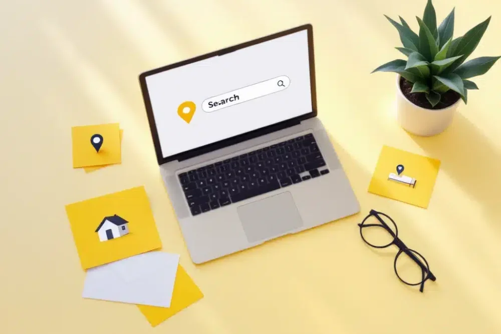 Laptop en documenten op bureau tonen accommodatie-iconen en zoeksymbolen voor hotelonderzoek met gele accenten